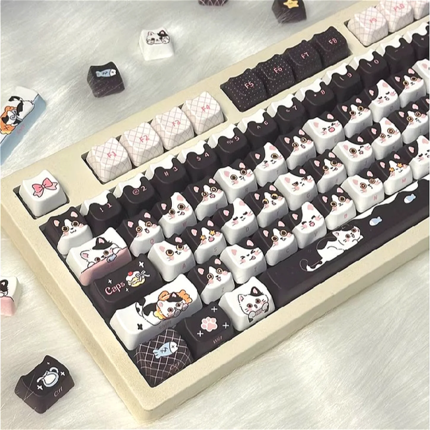 Cow Cat Keycap Set PBT 129 Key MAO Cute Keychain Suitable for 60/84/98/108 Mechanical Keyboard