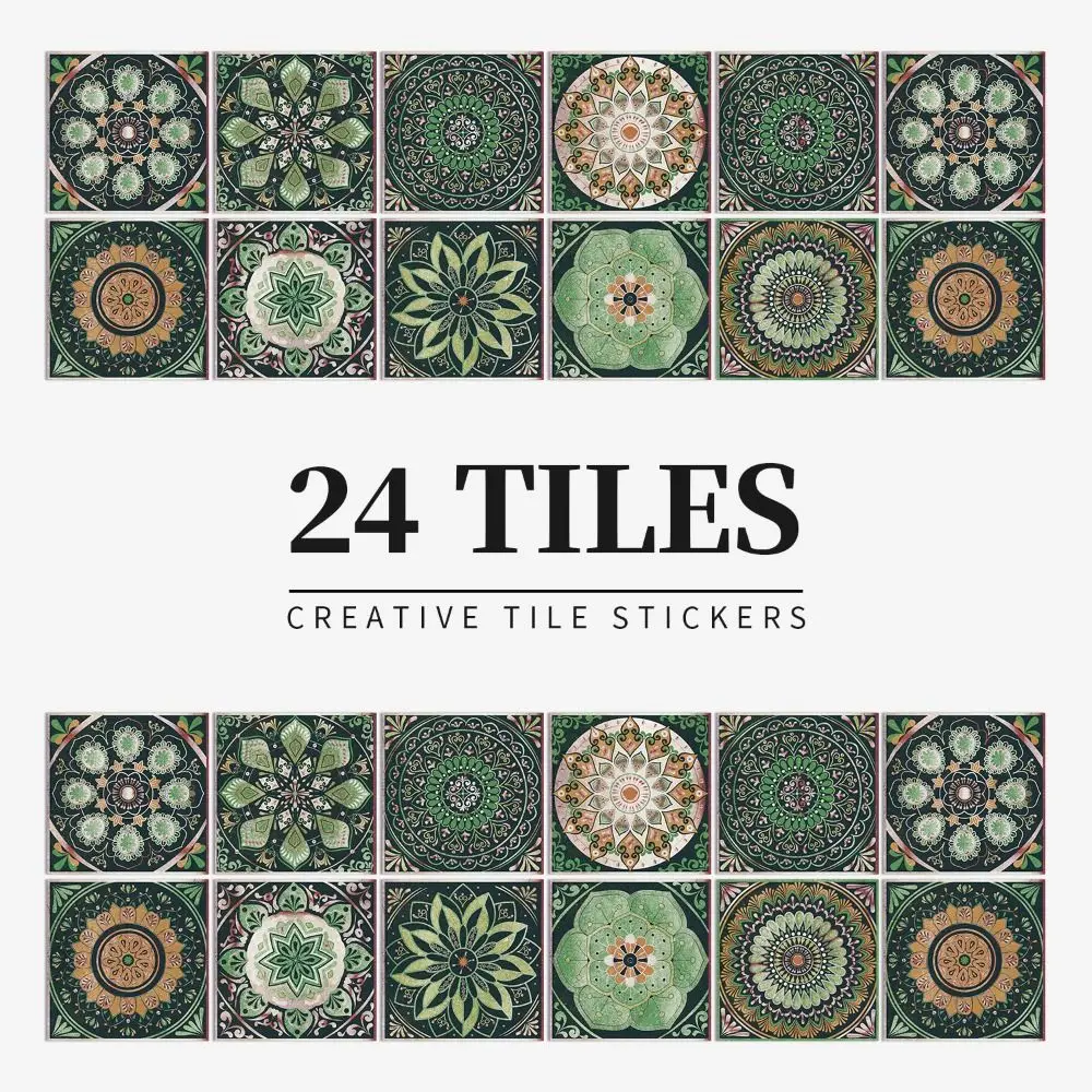 24Pcs/Set Mandala Style Ceramics Wall Sticker 10/15/20cm Waterproof Peel & Stick Art Wall Decals Self Adhesive Non-slip