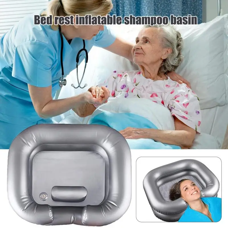 Blow Up Hair Wash Basin Bedside Shampoo Basins Mess-Free Basin With Drain Pipe Massage Comb 2 Hairpins Injured Disabled Patients