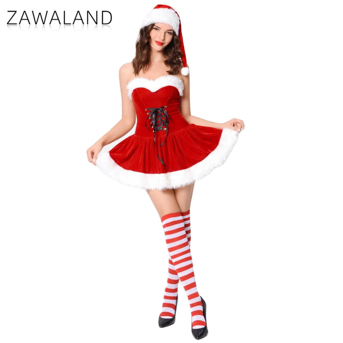 ZAWALAND Christmas Costumes Red Strapless Dress Adults Women Cosplay Party Stage Performance Fancy Dress Santa Hat Xmas Clothing