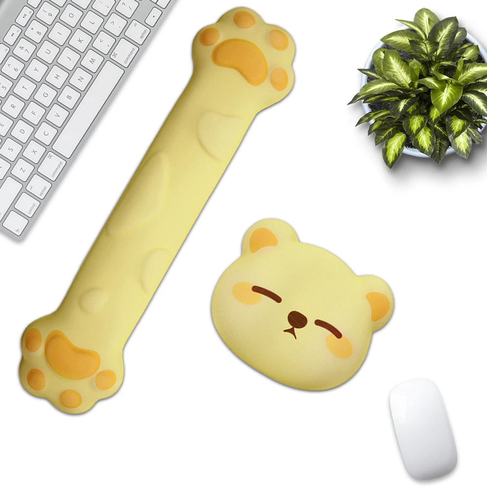 Yellow Squinted Bear Mouse Pad Wrist Pad Two-Piece Set - Keyboard wrist rest, ergonomic design, relieves wrist pain, non-toxic