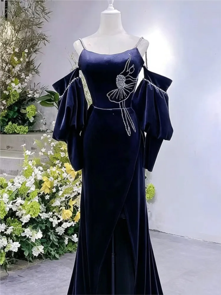 Blue New Style Temperament Entry Sling Host Conductor Art Exam Performance Long Dress
