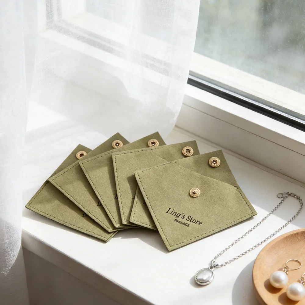 

50 шт., ювелирные изделия с персонализированным логотипом, треугольная сумка-защелка из микрофибры, подарочная упаковка на заказ, кольца, серьги, кулон, браслет, карман