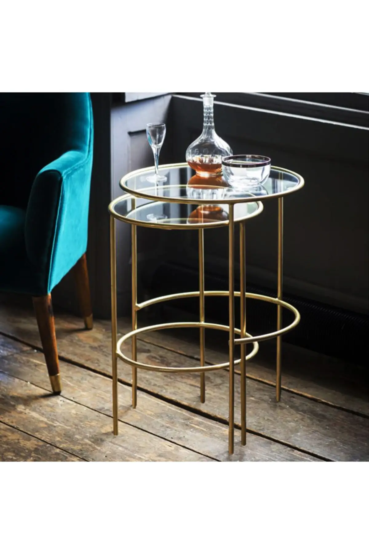 DOLBOVI Meri Round 2'li Zigon Side Coffee Table Gold Coffee Table