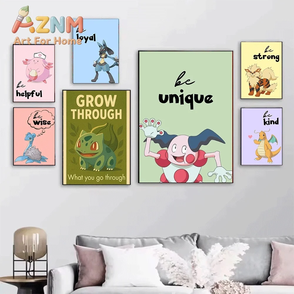 2D Flat Posters & Prints,Pikachu Positive Quote Vintage Canvas Wall Art,2D Flat Frameless Anime Monster Print,Home Decor for K