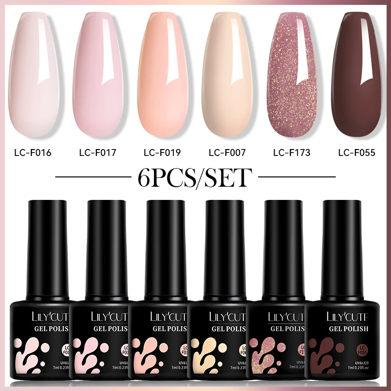 LILYCUTE 6個セット ピンクヌードグリッタージェルネイルポリッシュ セミパーマネント ソークオフ UV/LEDネイルアートジェル マニキュアキット ネイル用品