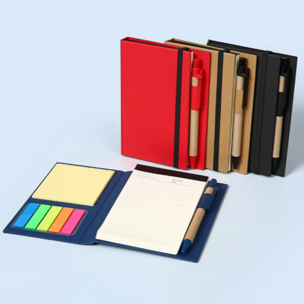 Lined Spiral Notebook Kraft Paper Cover Notepad with Pen in Holder, Sticky Notes and Page Marker, Business Small Notebook