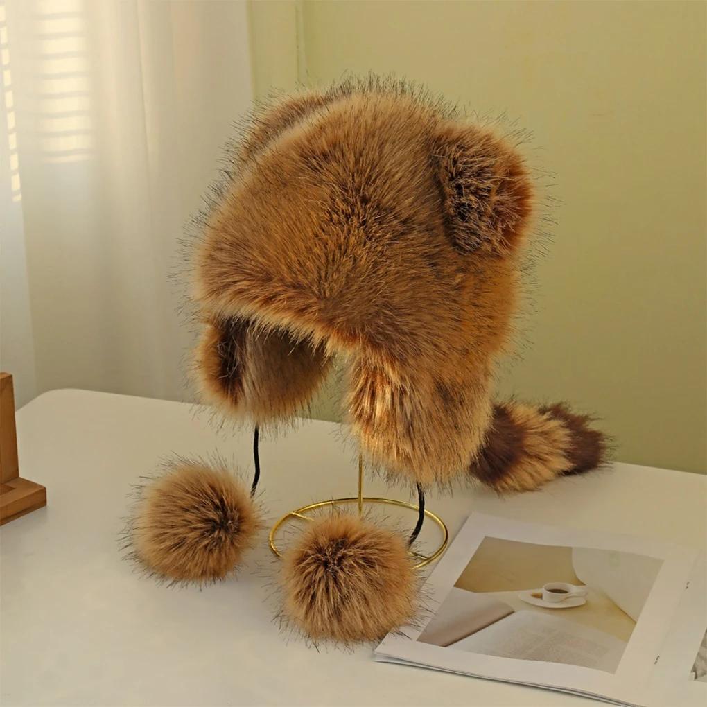 Classic Faux Fur Aviator Hat Fashion Brown Earflap Hat Thick Cold Protection Fluffy Women’s Trapper Hat for Daily Use image 2
