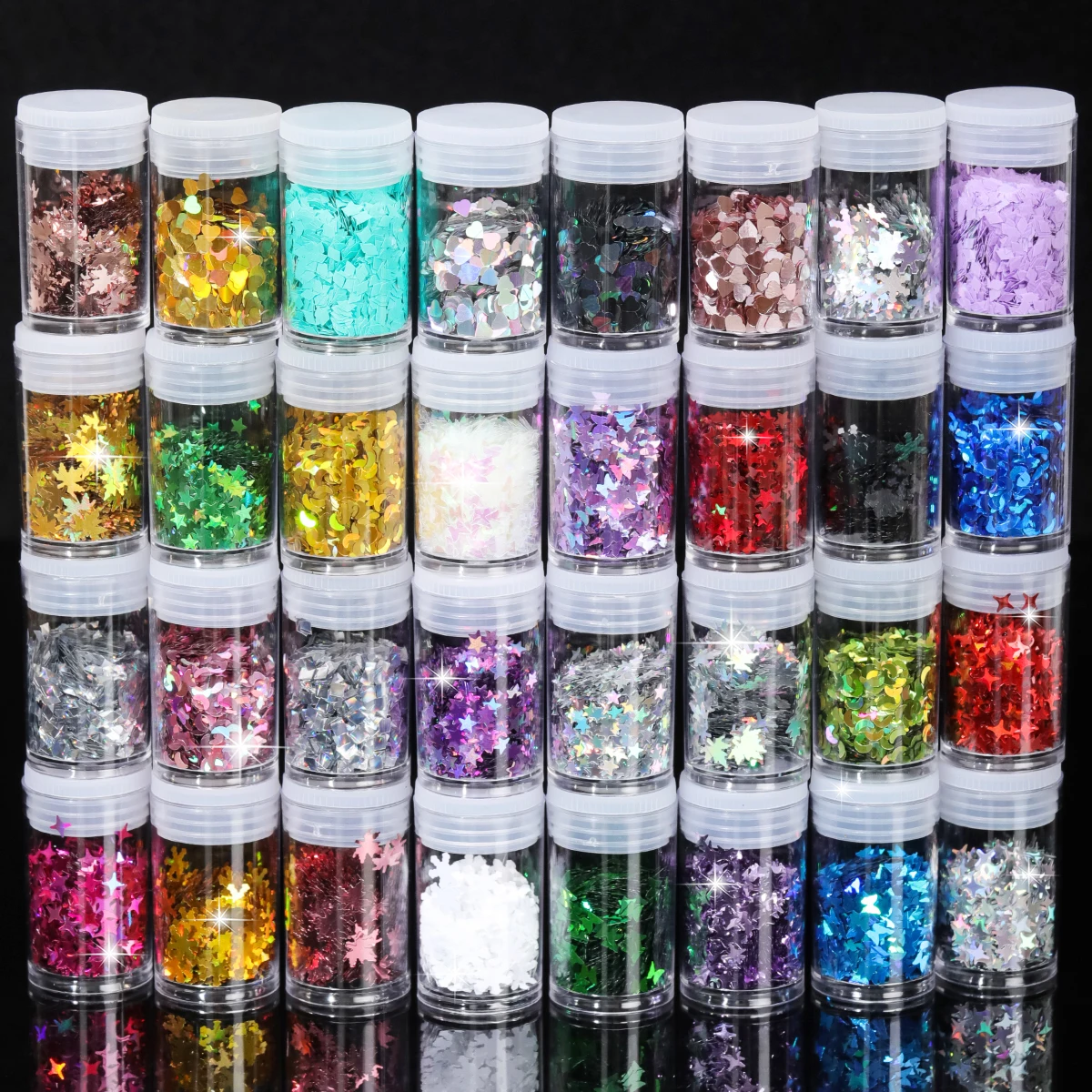 32 Bottles Holographic Shaped Glitter Sequins Set, Star Heart Maple Leaf Flakes for Nail Art, Epoxy Resin,Slime Party Decor Glit