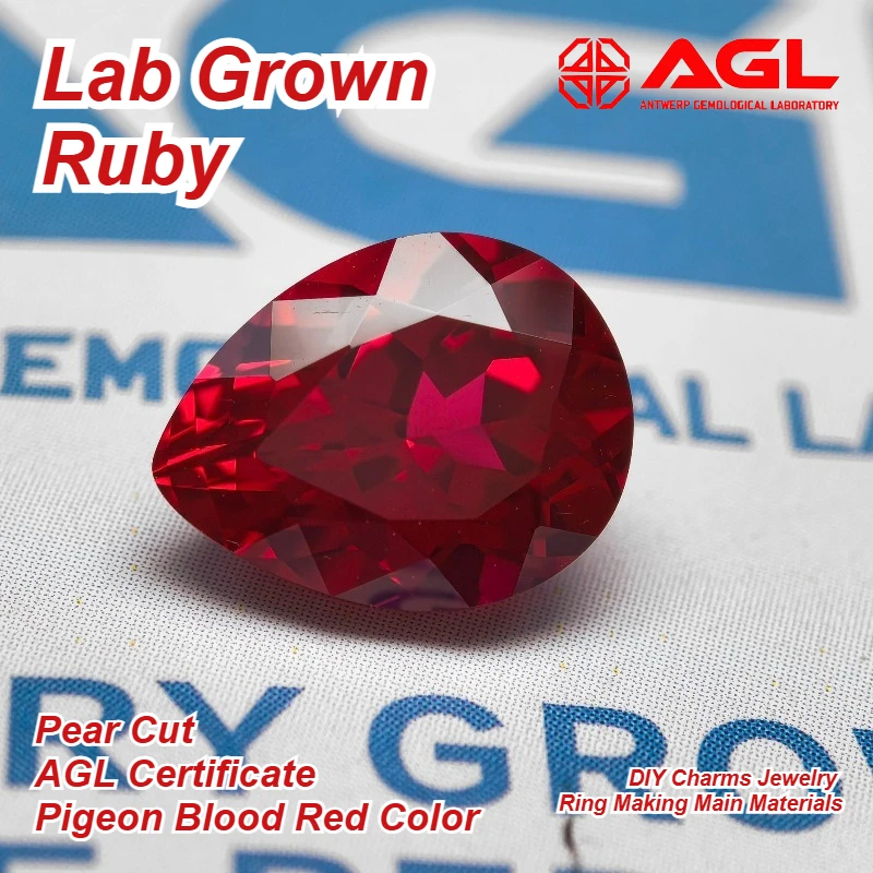

Hot Sale Lab Grown Ruby Pear Cut Pigeon Blood Red Color DIY Charms Jewelry Ring Making Main Materials Selectable Certificate