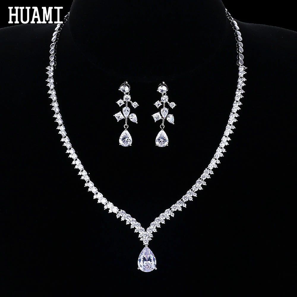 HUAMI Fashion Women Jewelry Sets Water Drop Zircon Pendant Stud Earrings Necklace for Women Wedding Party Bride Jewelry