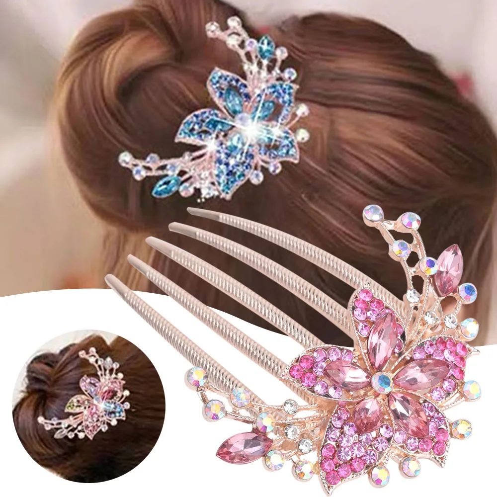 Bride Rhinestones Hair Side Comb Clips Glittering Flower Comb Barrette with Five-Toothed for Birthday Stage Party Hairstyle