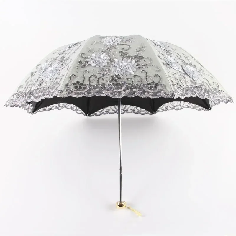 New Folding Umbrella Embroidered Lace Double Layer Black Glue Triple Fold Umbrella Anti UV Sunny Umbrella