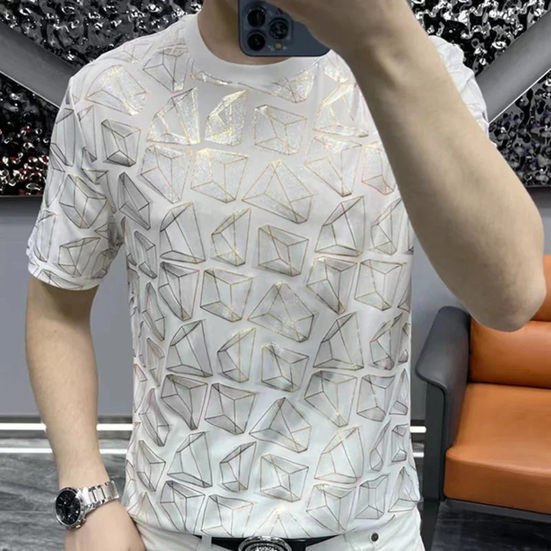 2023 Summer New Men's Short Sleeve T-shirt Personalized Print Abstract Geometry Casual Fashion Temperament Short Sleeve