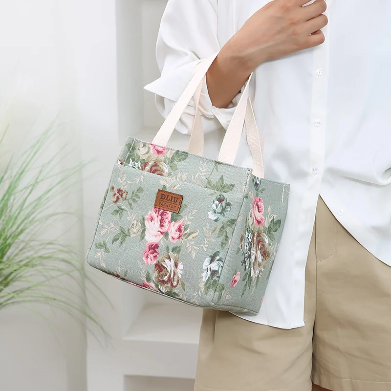 Fiambrera portátil con estampado Floral, bolsa de almuerzo con aislamiento térmico, bolso de mano funcional para enfriar, bolsa Bento para