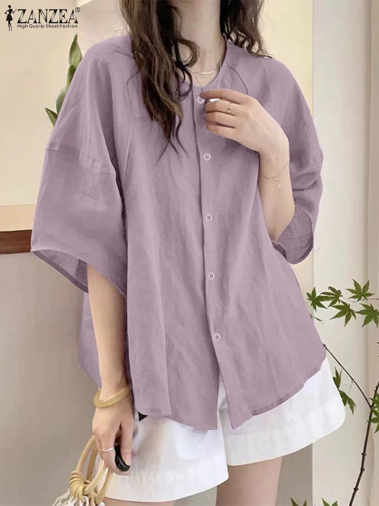 

ZANZEA Women Chiffon Shirts Casual Loose Cotton Solid Tops Holiday Summer Short Sleeve Blouse 2025 Vintage Round Neck Blusas
