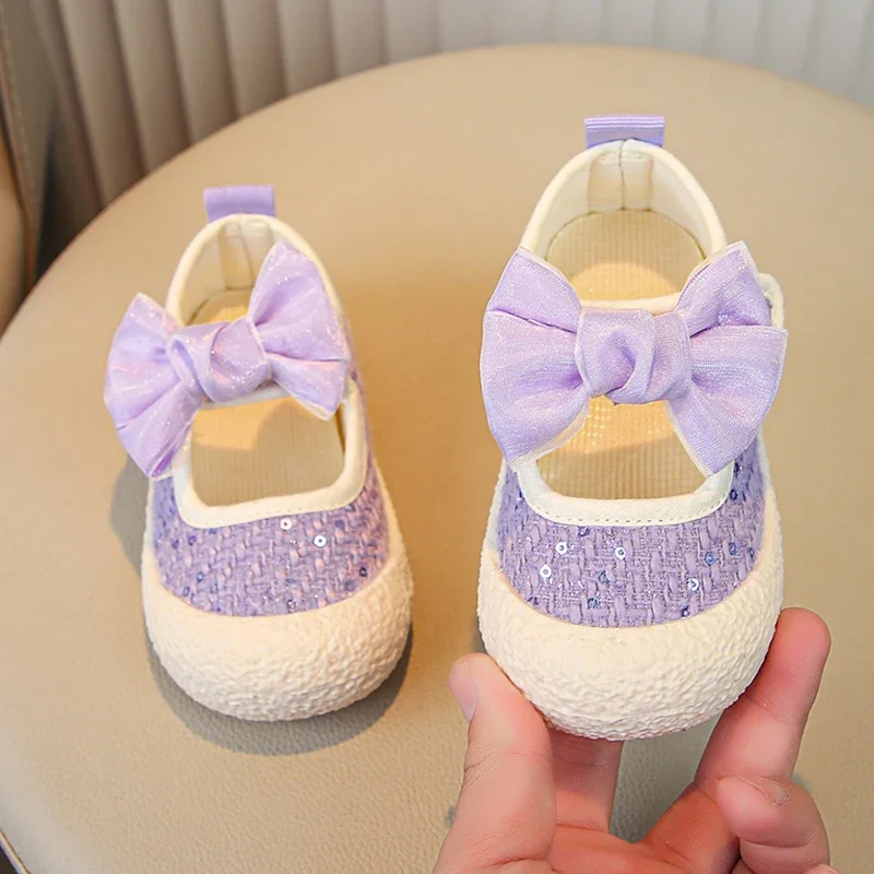 Sweet Pink Purple Tweed Ballet Flats For Baby Kids Bling Sequins Bowknot Mary Jane Shoes Toddler Girls Soft Sole Canvas Loafers