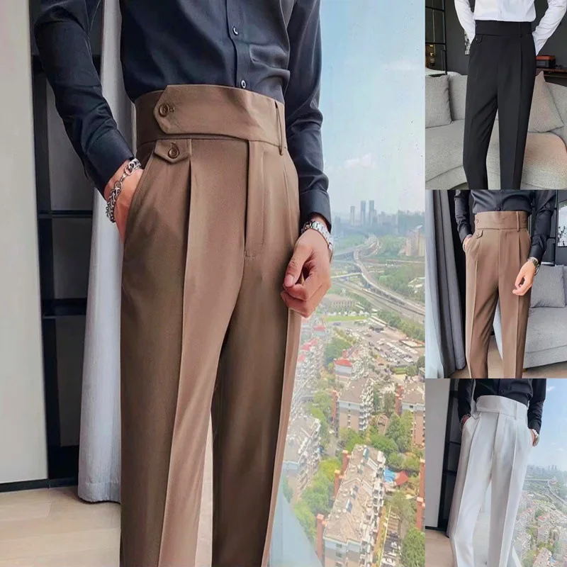 

Fashion Slim Fit Pencil Pants Naples Suit Pant For Men High Waist Button Business Casual Straight Trousers Korean Cropped Pants