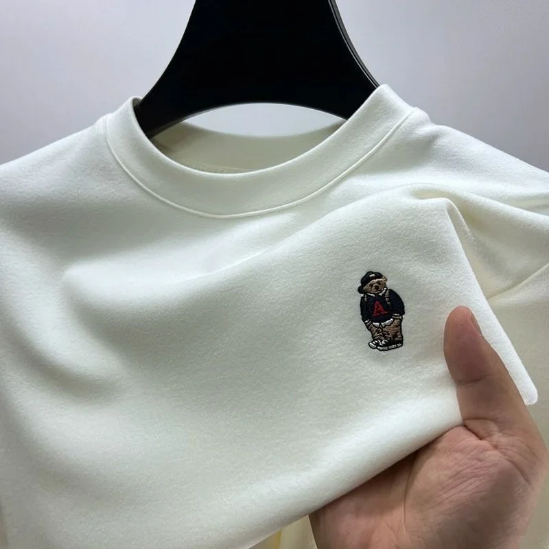 High end Brand Men's Base Shirt 2024 Autumn New Exquisite Teddy Bear Embroidered T-shirt Korean Casual Round Neck Men's clothing