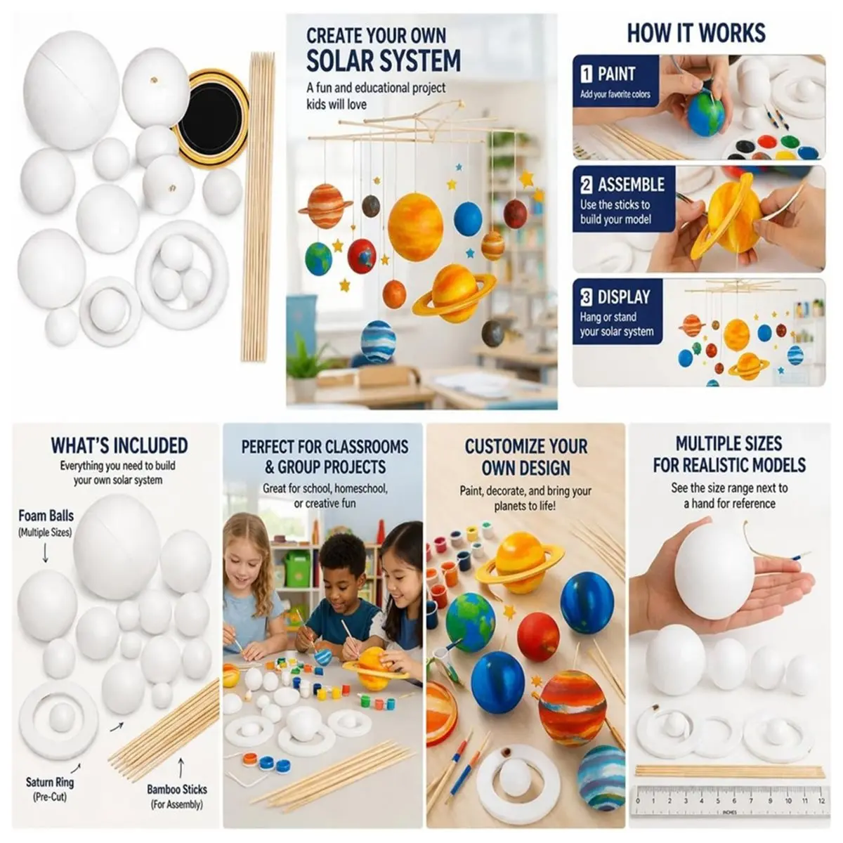 Solar System Craft Kit - DIY Planet Model Set with Foam Balls & Bamboo Sticks for School Projects, Crafts