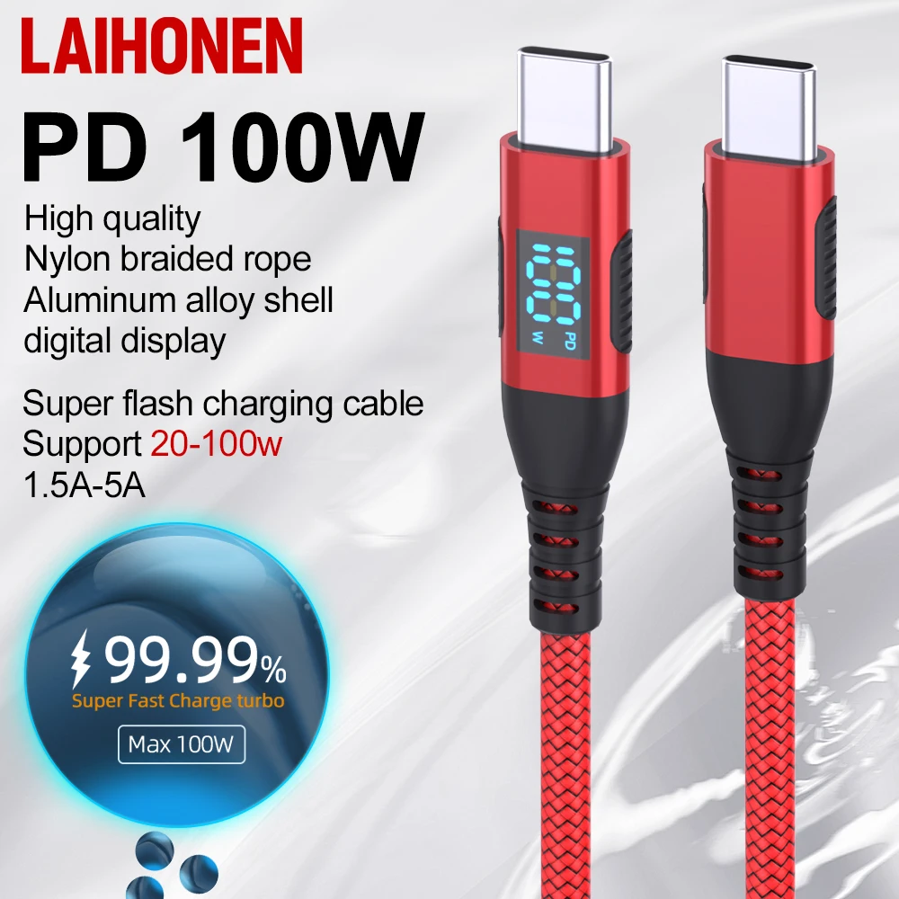 

LAIHONEN 5A 100 Вт USB C to Type C Кабель для сверхбыстрой зарядки Нейлоновый шнур для передачи данных для Xiaomi Poco Samsung со светодиодным цифровым дисплеем Кабель