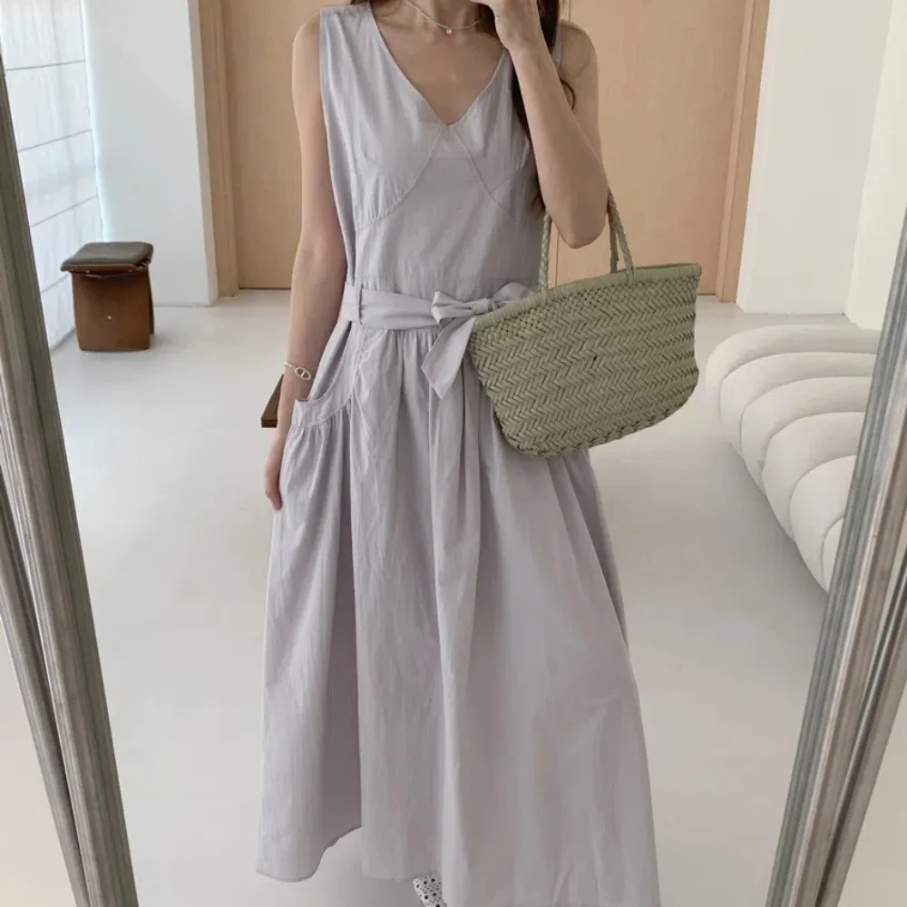 100% puro cotone tenero senza maniche abito lungo dal carro armato donna estate telai sottile a-line maxi vestito estivo femminile grandi tasche 2025