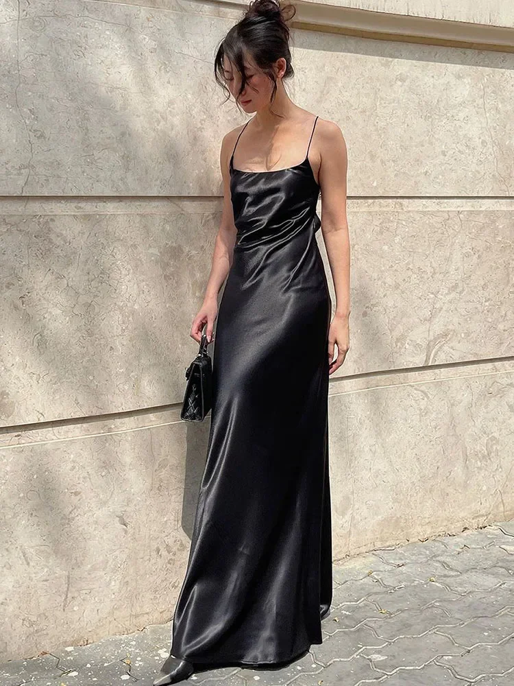 

Backless Floral Strap Long Dress Women's Summer Fashion Solid Color Slim Strap One-Neck Evening Dress Elegant Long Dress