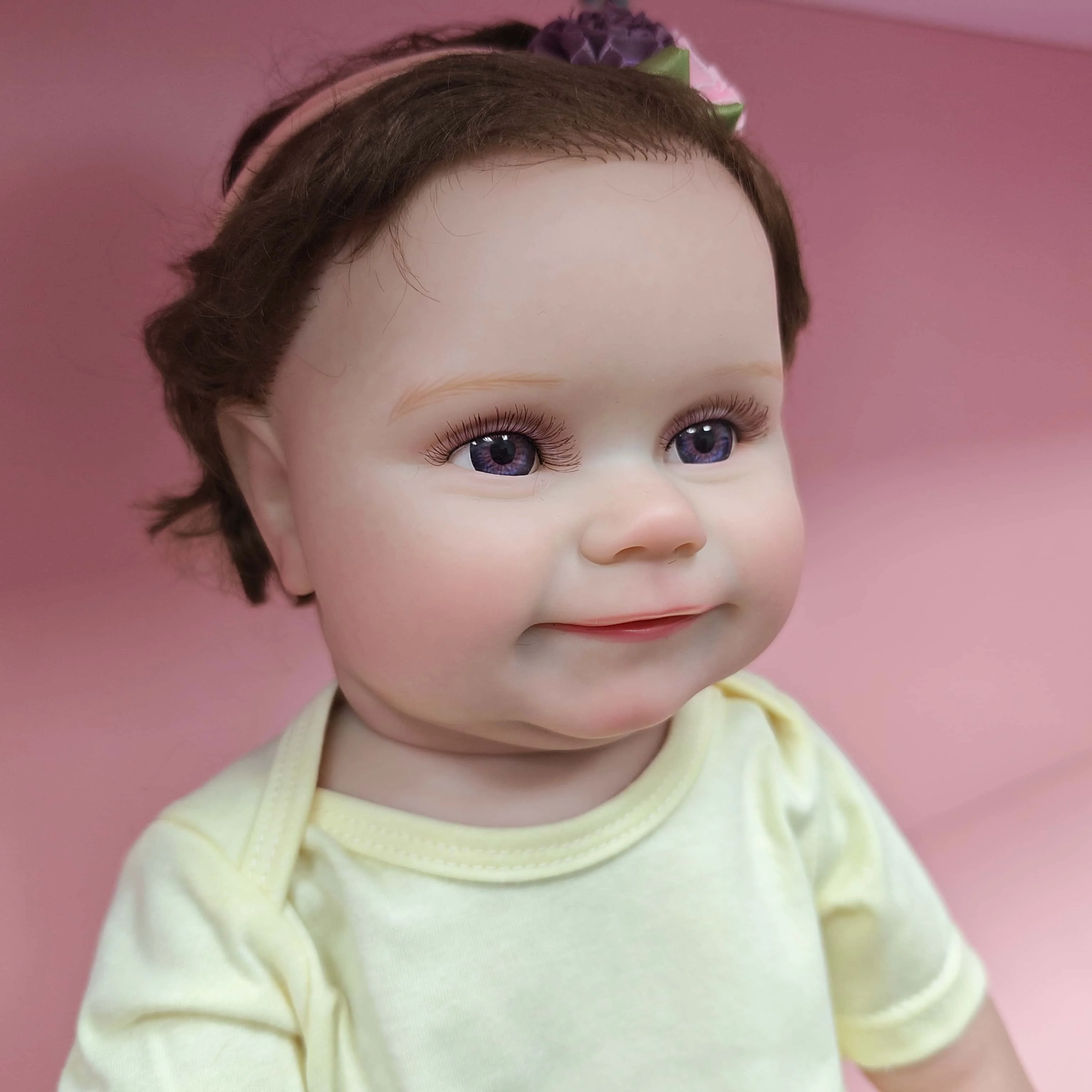 20 Inch Vinyl Reborn Girl Doll, Collectible Edition, Exquisite Facial Features, Cute Smile, Brown Curly Hair & Blue Eyes,