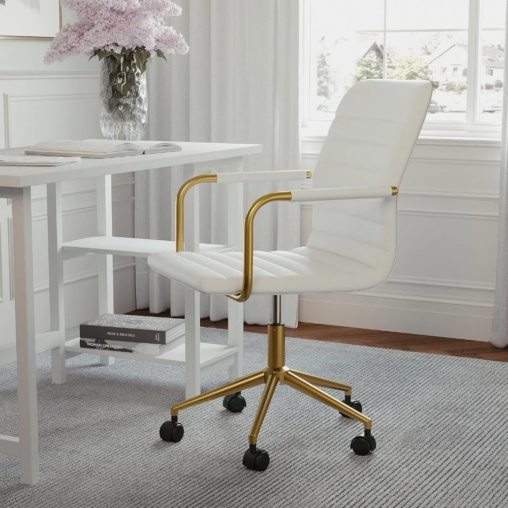 

Martha Stewart Taytum Swivel Task Chair with Armrests for Home Office in White Faux Leather with Polished Brass Frame