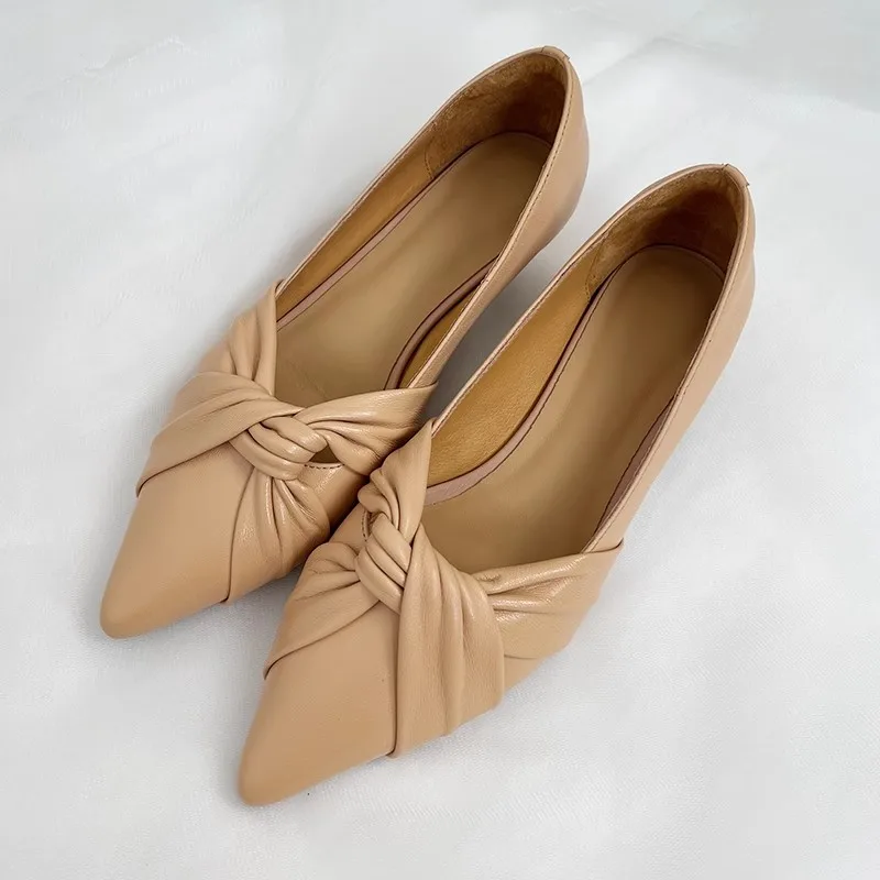 

3Cm Heels Sheepskin Pointed Toe Single Shoes for Women Nude Color Genuine Leather Cat Heels Shallow Shoes Lady Plus Size 42