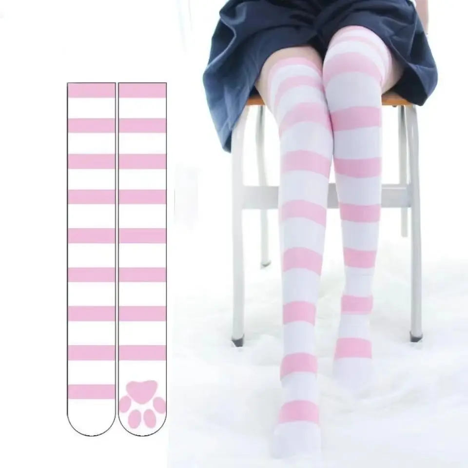 Y2k Cat Paw Stockings Women's Two-dimensional Japanese Lolita Girls Soft Sister Culture Footprint Knee Socks Striped Stockings