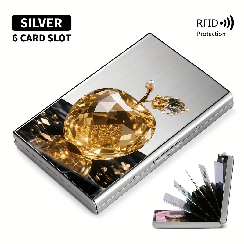 Goldener RFID-Anti-Diebstahl-Metallkartenhalter mit Apple-Muster für Männer und Frauen, Sichere und Stilvolle Kartenaufbewahrung – Detail 11
