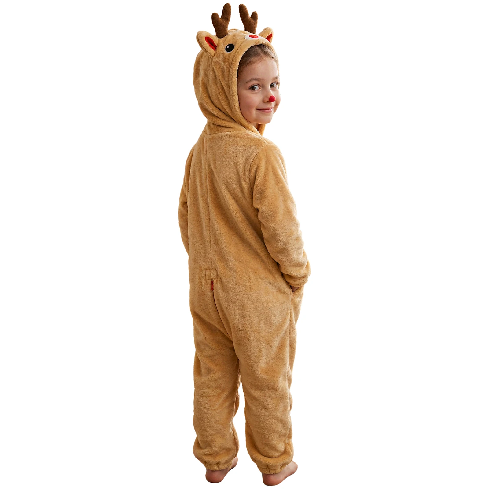 Kids Boys Girls Animal Shaped Flannel Jumpsuit Long Sleeve Hooded Romper Full Bodysuit for Halloween Role-playing Theme Party