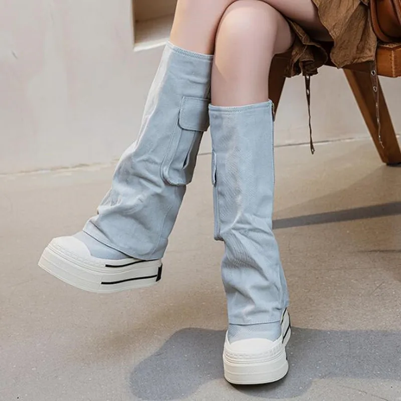 Fashion New 2026 Women Denim Canvas High Boots Height Increasing Sole 12CM Trendy Street Boots Zipper Open Pocket Platform Botas