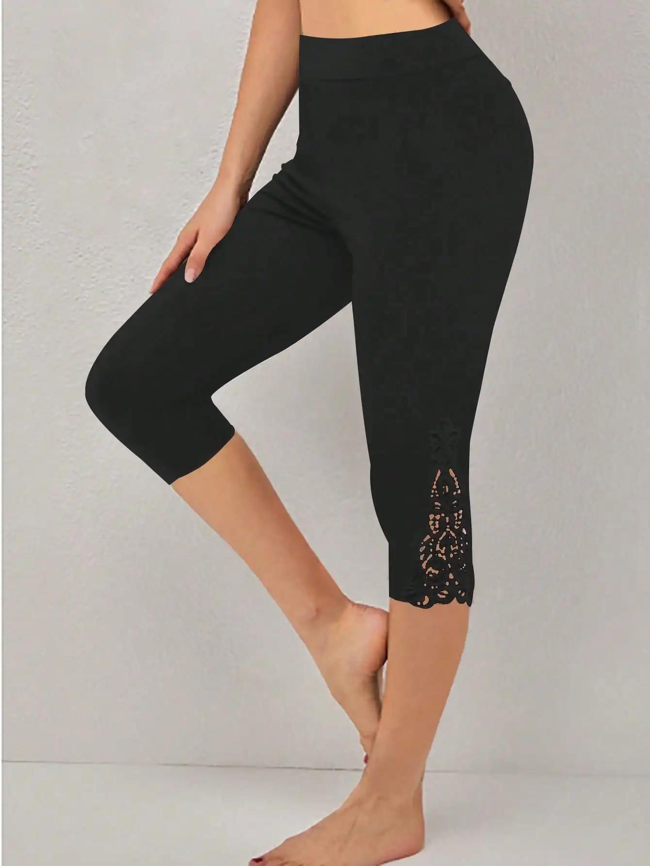Women High Waist Lace Cropped Leggings,Stretchy Soft Hollow Out Lace Capri Pants,Comfy Casual Daily Wear Bottoms For Ladies
