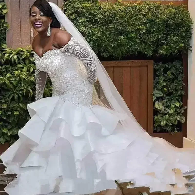 Customized African Nigeria Mermaid Wedding Dresses Long Sleeves Off Shoulder Crystal Beaded Tiered Ruffles Court Plus Size Brida