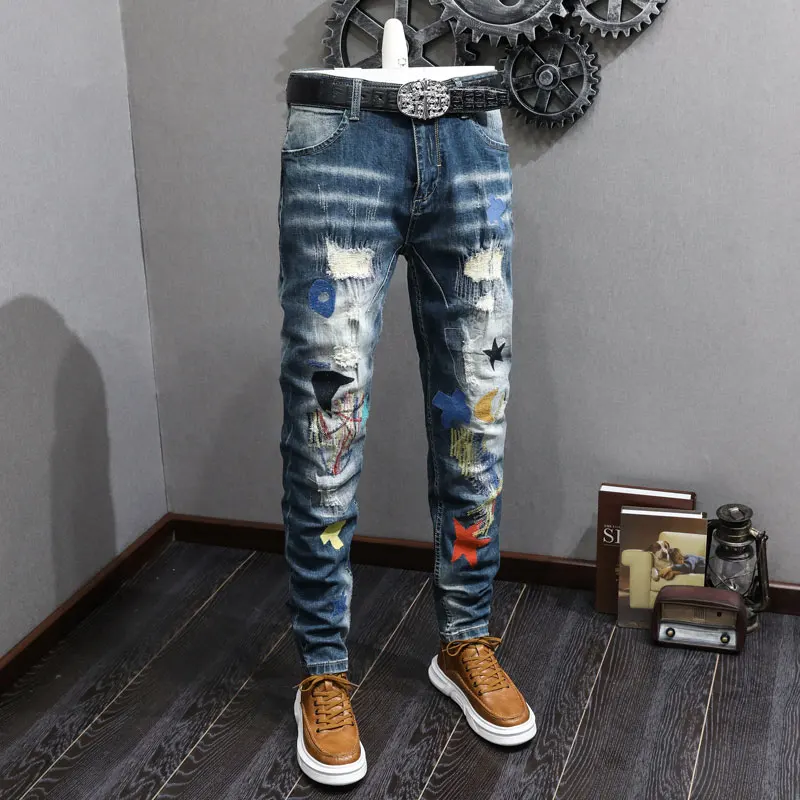 Straße trend ige Mode Männer Jeans Retro blau Stretch Stickerei schlanke zerrissene Jeans Männer gepatchte Designer Hip Hop Jeans hose Hombre