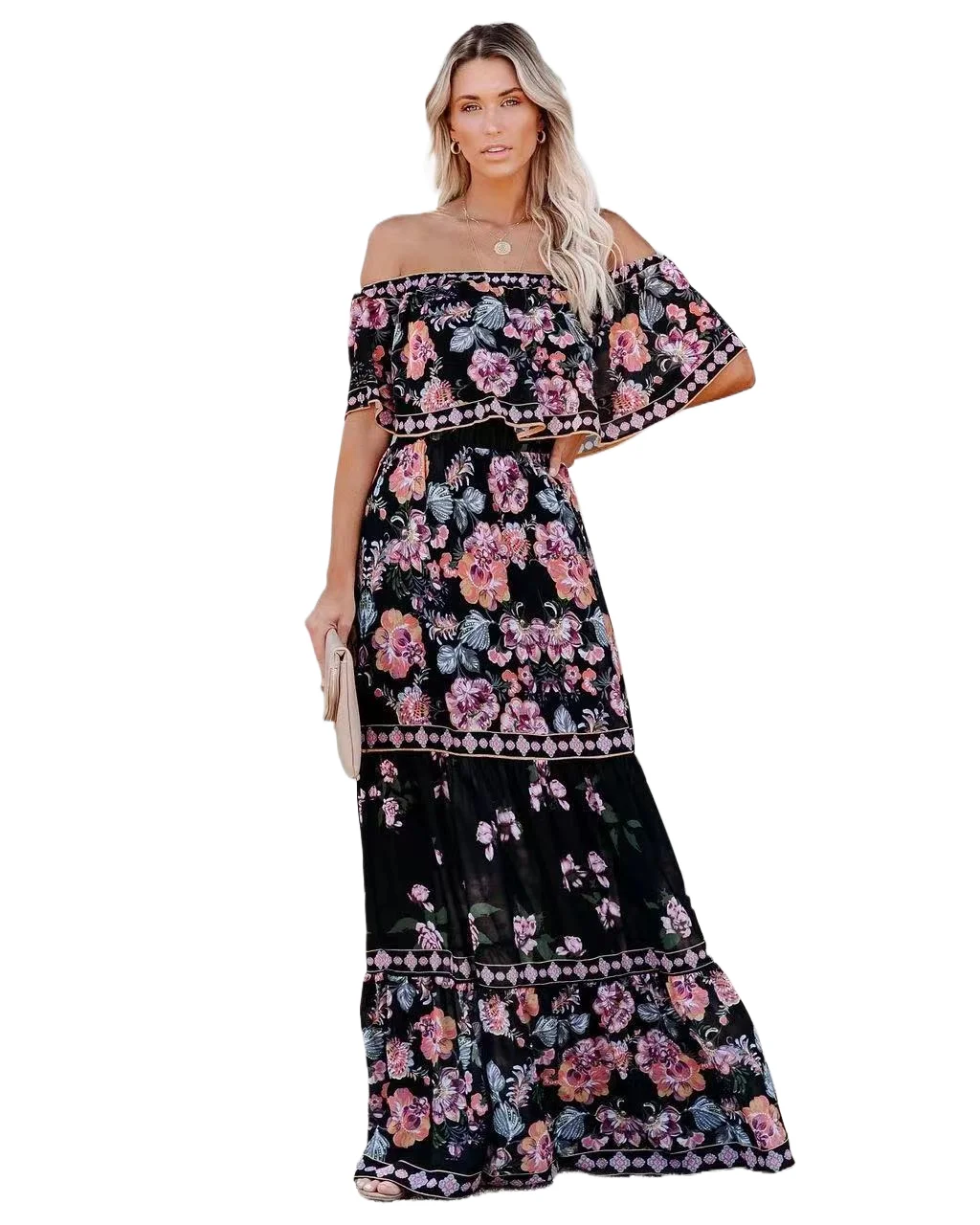 

2024 Spring Summer New Independent Stand Off-shoulder Red Flower Printing Long Dress Oversized Wide Hemline Sleeveless