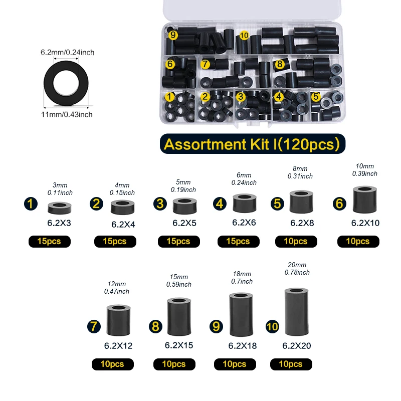 120/ 260 Pcs, Black ABS Round Washers ID 6.2mm,OD 11mm, 3mm-20mm Length, Assortment Kit, Non-Threaded, Suitable for M6 Screws