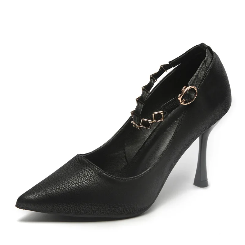 30-44 Pointed Stiletto Heels Small Size 31 32 33 Buckle Black Shoes Women Pumps Ladies Heels