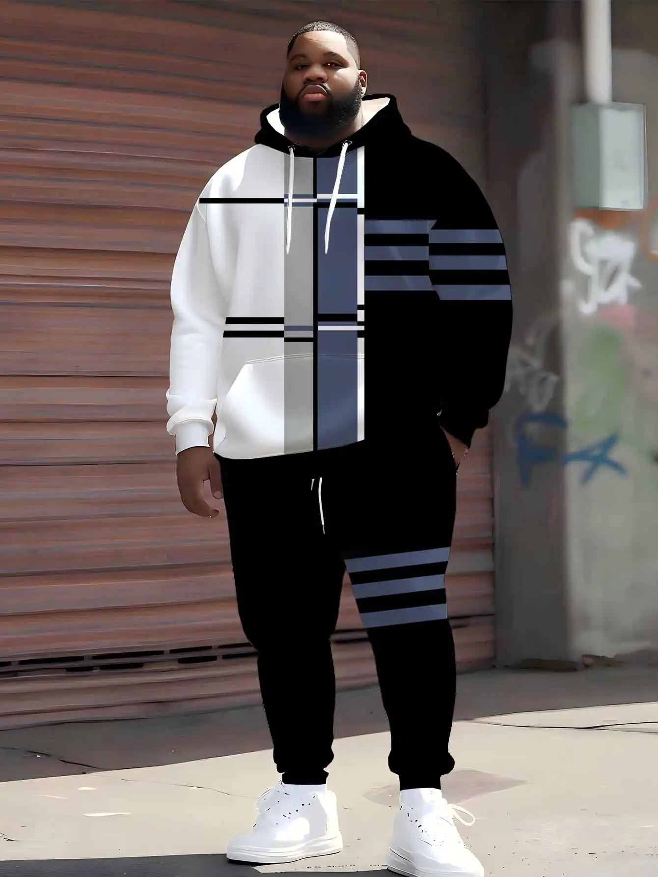 

2025 Trendy Oversized Hoodie & Joggers - Checkered Stripes Print, Breathable Sportswear