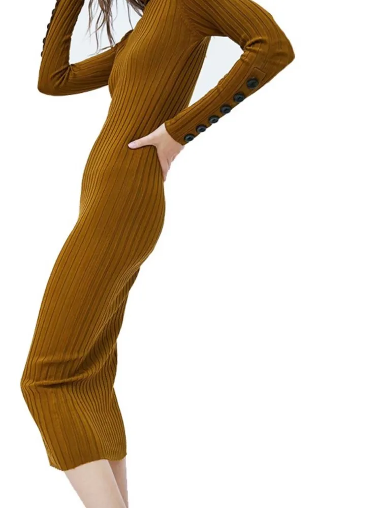 Women Winter Casual Sheath Maxi Dress Vintage Long Sleeve Female Knitted Turtleneck Button Bodycon