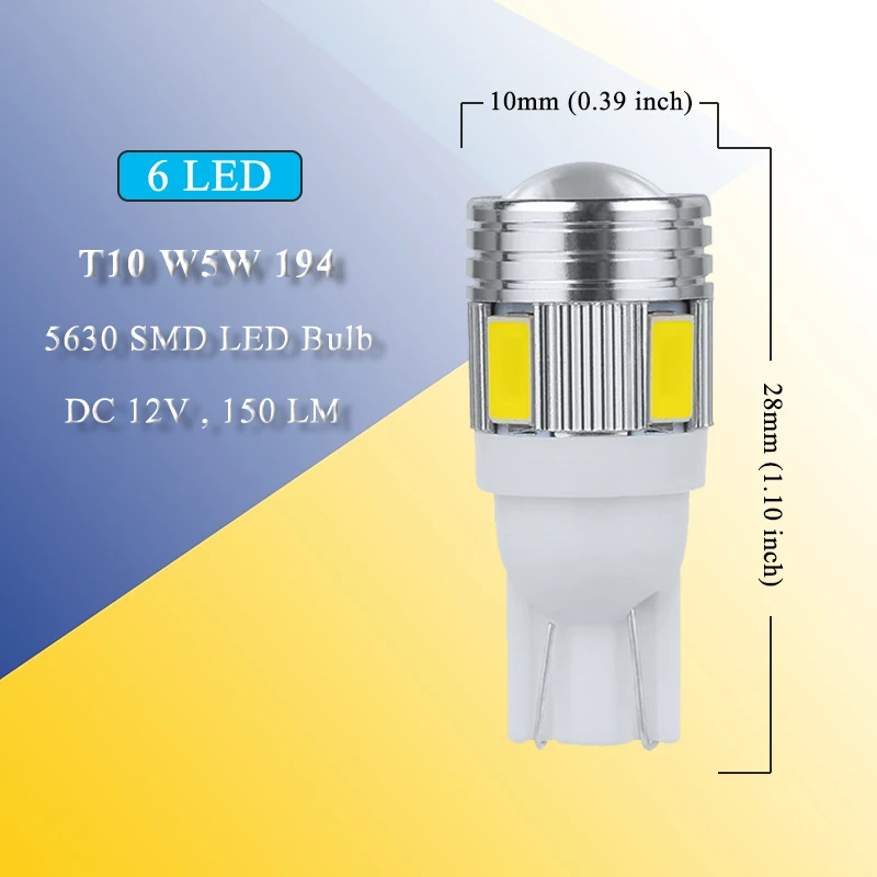 1 PCS Car LED Bulb T10 W5W 194 Signal Light 12V 5630 SMD 7000K White Auto Interior Dome Maps License Plate Trunk Wedge Side Lamp