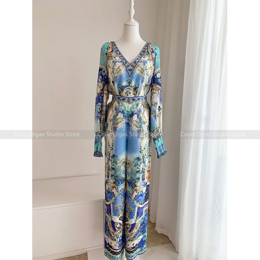 

2024 Spring/Summer Romantic Resort Style French V-Neck Blue Printed Silk With Diamonds Top + Loose Wide Leg Trousers Set