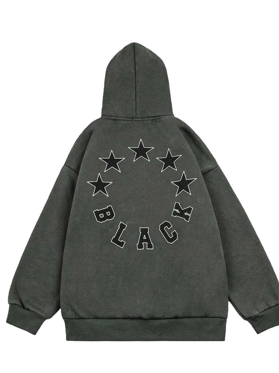 

Women Vintage Hoodies Grunge Star Print Zipped Hooded Sweatshirts Winter Long Sleeve Loose Coat