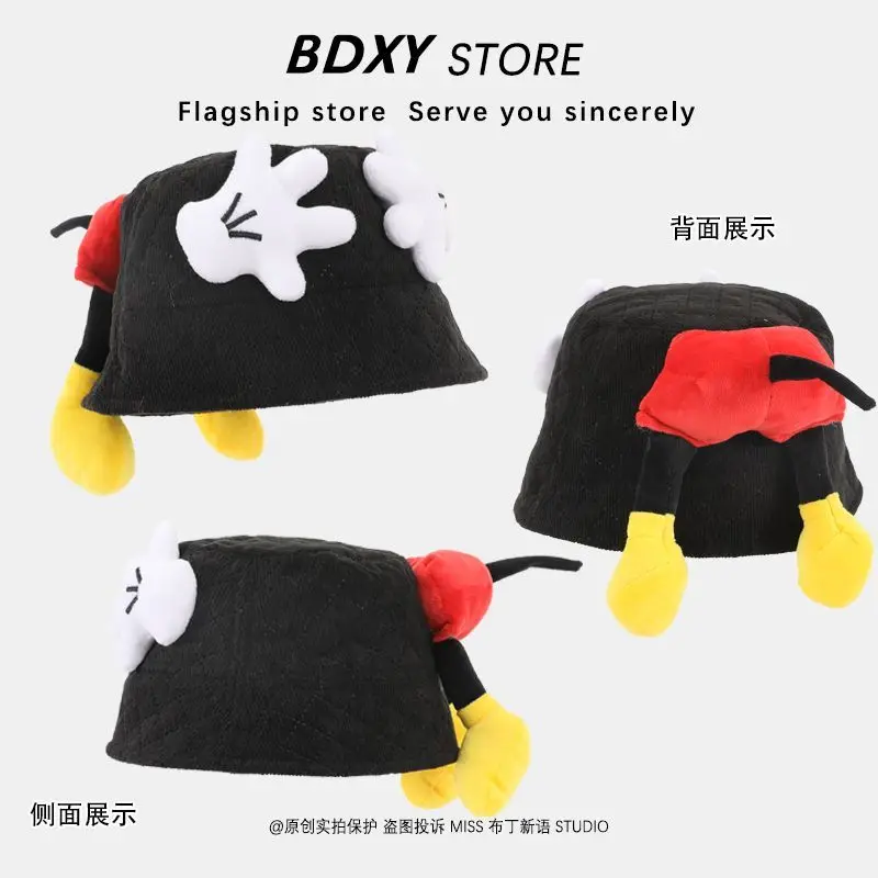 Disney mickey dos desenhos animados bonito estudante palma bunda balde chapéu criativo personalizado bebê outono e inverno quente pescador chapéu presente