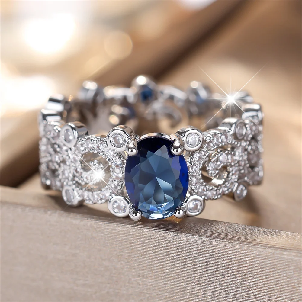 Blue Crystal Oval Stone White Zircon Rings For Women Vintage Silver Color Engagement Bands Wedding Jewelry Bridal Gift