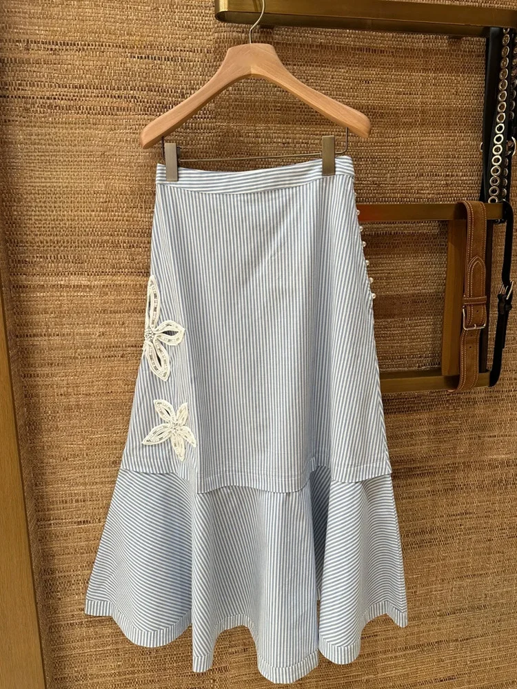 

Юбка с высокой талией, синяя в полоску, с вышивкой в виде пятилистника, А-силуэт, из смесового хлопка, весна-лето, женская