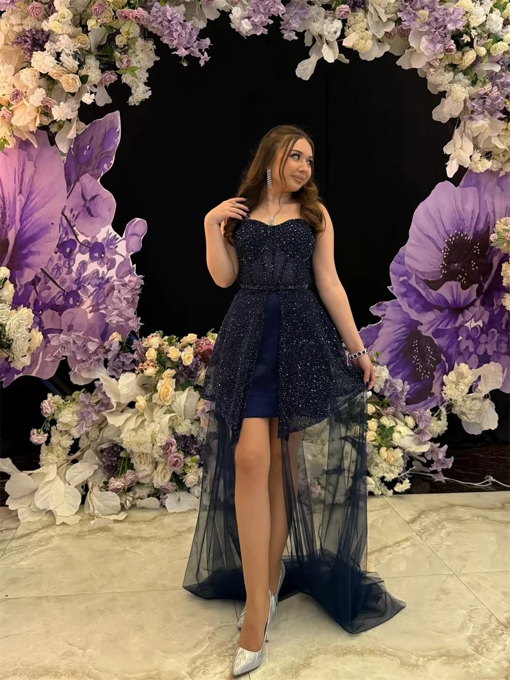 Customized Beaded Bodice Navy Blue Formal Dress with Strapless Neckline High Low Tulle Skirt Evening Gown Prom Party Dress