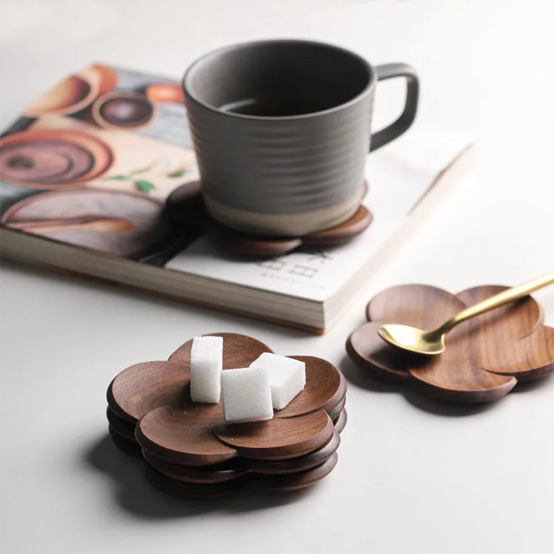 

Black Walnut Wood Coaster Creative Round Flower Design Heat Resistant Japanese Tea Cup Mat